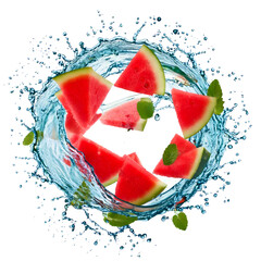 Aufkleber - Water splash in abstract shape with fresh water melon pieces 