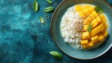 Delicious Thai mango sticky rice with coconut cream and sesame on a turquoise table