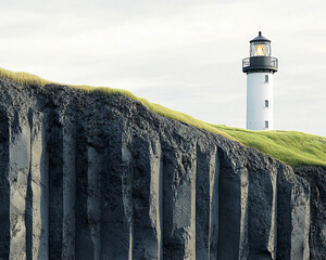 Poster - A lighthouse standing on a rocky cliff surrounded by grass, overlooking the calm sea. This symbolizes guidance, tranquility, and strength in the vast and open landscape.