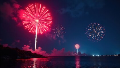 Wall Mural - Vibrant red and blue fireworks illuminate the darkness, heat, dazzling, dark