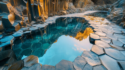 Aufkleber - Close-up view of hexagonal basalt columns submerged in clear blue water, reflecting the surrounding rock formations, symbolizing natureâ€™s architectural beauty and geological wonders.