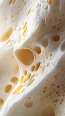 Wall Mural - Close-up of a piece of cheese showcasing intricate patterns of holes and creamy texture, highlighting the unique structure and texture of the cheese, focusing on its natural design.