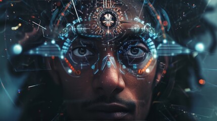 Aufkleber - A detailed portrait with neon cyberpunk aesthetics and digital overlays, representing a blend of humanity and advanced technology in a futuristic style. AI generated.