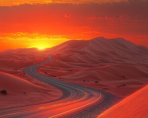 Wall Mural - Serene desert road winding through vast dunes under a fiery orange sky during sunset with scattered rocks along the path