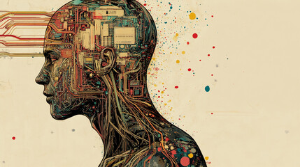 Poster - Illustration of a human head profile with colorful circuit patterns, representing the fusion of the mind and technology, highlighting the connection between human consciousness and digital systems.