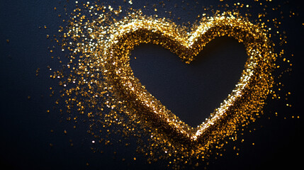 Wall Mural - Golden heart frame made of shimmering glitter isolated on black background with copy space for text.