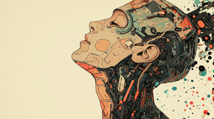 Poster - Illustration of a human head profile with intricate circuit patterns, blending organic and technological elements, symbolizing the integration of human consciousness and advanced technology.