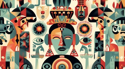 Aufkleber - A visually stunning artwork blending geometric designs with tribal influences, featuring intricate patterns and vibrant colors. Great for decorative and cultural projects. AI generated.