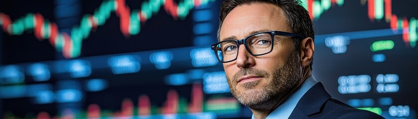 Sticker - Confident businessman with glasses in front of digital stock market graph showing financial data and trends