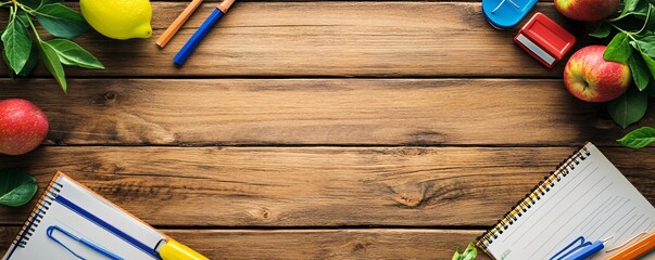 Poster - Back to school concept featuring school supplies and apples framing empty space on wooden desk