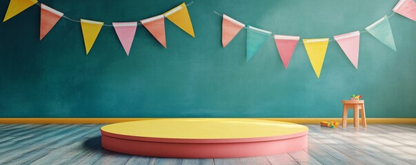 Poster - Round empty stage decorated with colorful flags for party, presentation or birthday