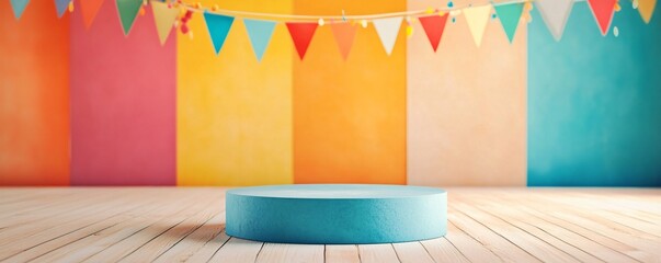 Poster - Blue round podium stage displaying product with colorful background for party