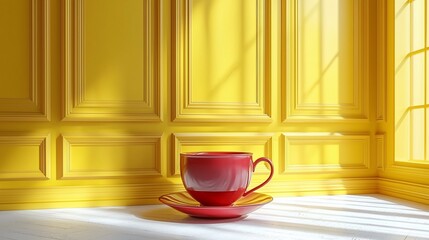 Sticker - Red teacup on saucer, yellow room, sunlight, calm morning, interior design