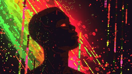 Aufkleber - Bold and expressive artwork featuring a silhouette profile layered with vivid, dynamic patterns and colorful digital strokes, exuding creativity and energy. AI generated.