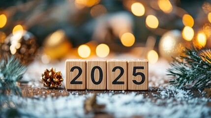 Aufkleber - 2025 written on wooden cubes, surrounded by christmas decorations and blurry lights
