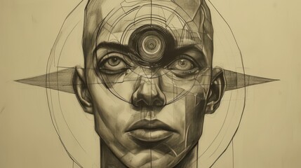 Aufkleber - A striking digital portrait focusing on minimalistic features, geometric symmetry, and mechanical elements for a futuristic aesthetic. AI generated.