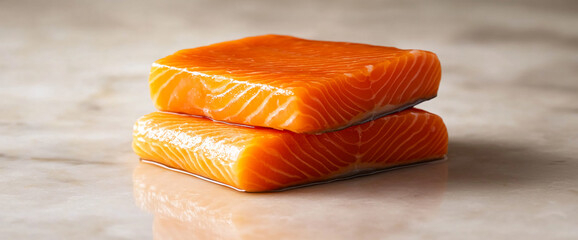 Wall Mural - Fresh salmon fillets stacked on a surface, highlighting the vibrant orange color and texture of the fish, representing healthy eating and seafood cuisine.