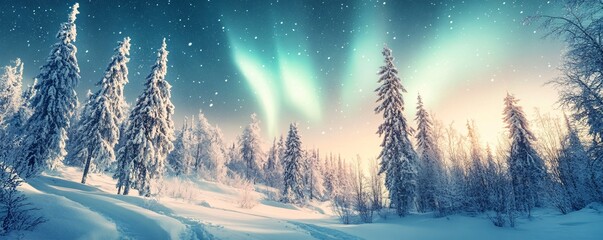 Poster - Aurora borealis is creating magical atmosphere in snowy coniferous forest at twilight