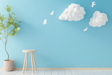 Sticker - Sky blue wall with playful white clouds and floating feathered accents creates a serene ambiance