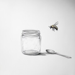 Poster - Empty Jar, Flying Bee, Still Life, Drawing, Conceptual Art, Food, Nature, Empty