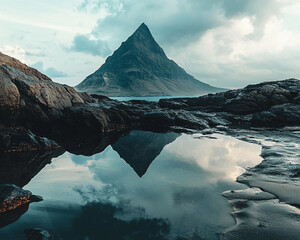 Fototapete - A mountain towering over a tranquil water pool, reflecting its dramatic peak. The image captures the rugged landscape and serene atmosphere of a remote natural environment.