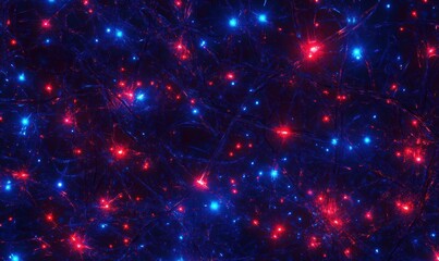 Intricate web of glowing wires in neon hues of red and blue, symbolizing connectivity and high-tech networks.