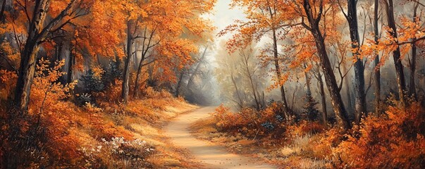 Poster - Autumn forest on a foggy morning: a dirt road winding through golden foliage