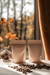 Poster - Two blank kraft paper coffee bags are standing on a table by the window with an autumn view and coffee beans scattered around