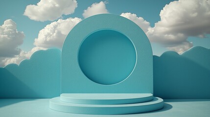 Poster - Sky backdrop, blue podium, product display, clouds