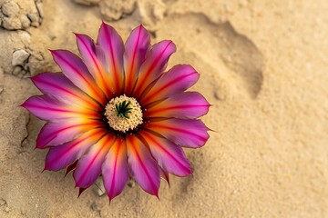 Wall Mural - Vibrant cactus flower blooming against the golden sands of the desert its bright colors standing out dramatically