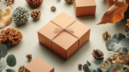 Aufkleber - Elegant autumn gift box with twine, surrounded by dried leaves, pine cones, and eucalyptus in a festive composition