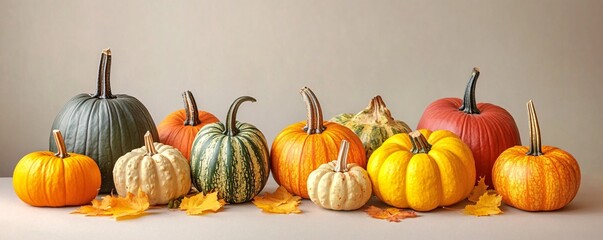 Aufkleber - Variety of colorful pumpkins and squashes are laying on neutral surface with autumn leaves