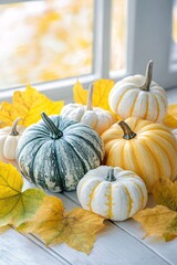 Aufkleber - Colorful pumpkins and gourds adorning a windowsill with vibrant yellow maple leaves