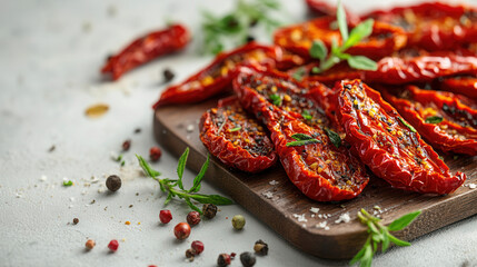 Wall Mural - Close-up view of sun-dried tomatoes with spices on a tray on a white table