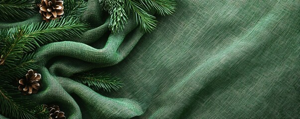 Poster - Christmas fir branches and golden pine cones are lying on a green fabric background with copy space