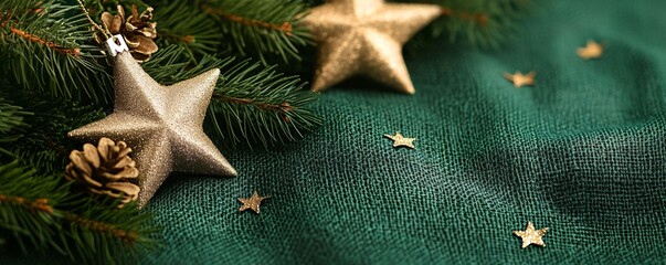 Poster - Christmas composition with fir tree branches, pine cones and golden stars on green textile background