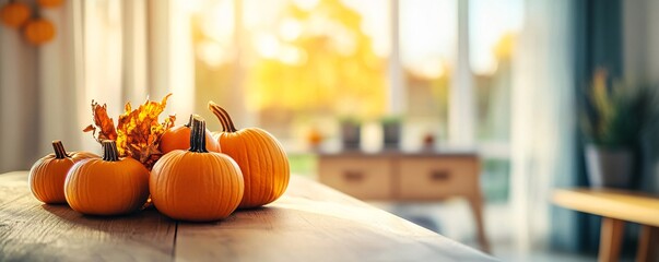 Aufkleber - Warm and cozy setup with pumpkins and autumn leaves on a table, lit by sunlight from a nearby window