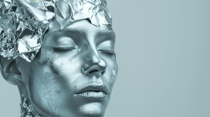 Aufkleber - Futuristic abstract portrait featuring a human face with metallic texture, foil accents, and a minimalist teal backdrop. Modern design aesthetic. AI generated.