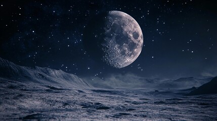 Poster - Giant moon with craters hanging low over a barren planet surface in a starry night sky