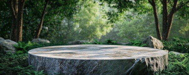 Poster - Stone podium set against a lush green forest backdrop for presenting cosmetic products