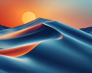 Wall Mural - Abstract desert composition geometric patterns of dunes a vivid orange sun and minimalistic design