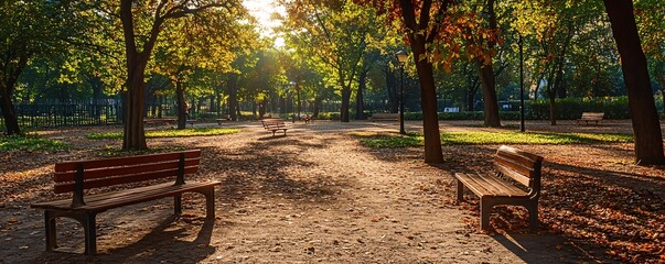 Wall Mural - Golden sunlight bathing empty benches and fallen leaves on a crisp autumn morning in a city park