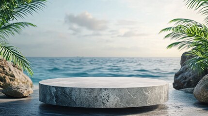 Poster - Marble podium showcasing products against a sunset ocean backdrop with palm trees