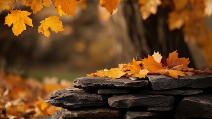 Poster - Maple leaves in gold hues gather on a stone wall against a blurred forest backdrop