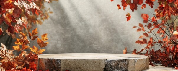 Poster - Stone podium with autumn leaves and empty space for product display