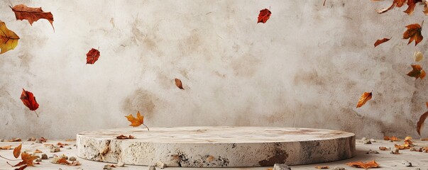 Aufkleber - Autumn leaves falling on empty round podium with grunge background for product placement