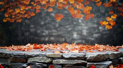 Poster - Autumn rain on a stone ledge with colorful leaves and a blurred background