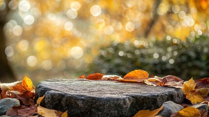 Poster - Colorful autumn leaves covering a smooth rock surface, perfect for fall-themed concepts and text