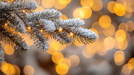 Canvas Print - Snowy pine branch with lights, bokeh background, winter holiday card