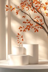 Poster - Beauty product advertisement: three sunlit white podiums with autumn leaves and shadows